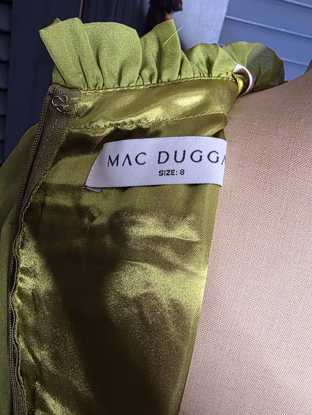NWT Mac Duggal Chiffon Ruched Illusion Ruffle Gown Olive Chartreuse 8 - Picture 11 of 12